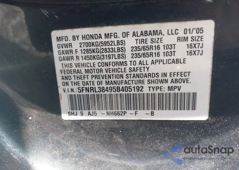 2005 Honda Odyssey Ex z USA, uszkodzony, nr VIN 5FNRL38495B405192